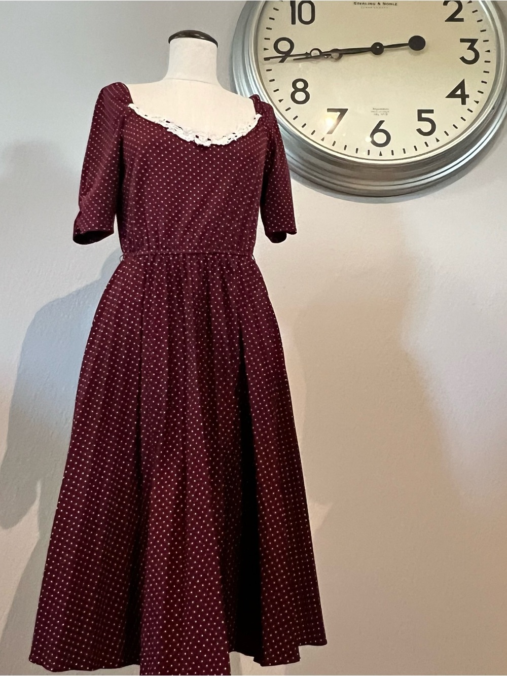 Vintage Burgundy Polka Dot Midi Dress with White Lace Collar